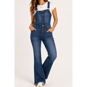Wax Jean Denim Flare Leg Overalls Size S Button Front Raw Hem Stretch Y2K Boho